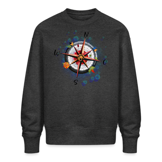 Unisex Oversize Pullover mit WINDROSE PRINT - Dunkelgrau meliert