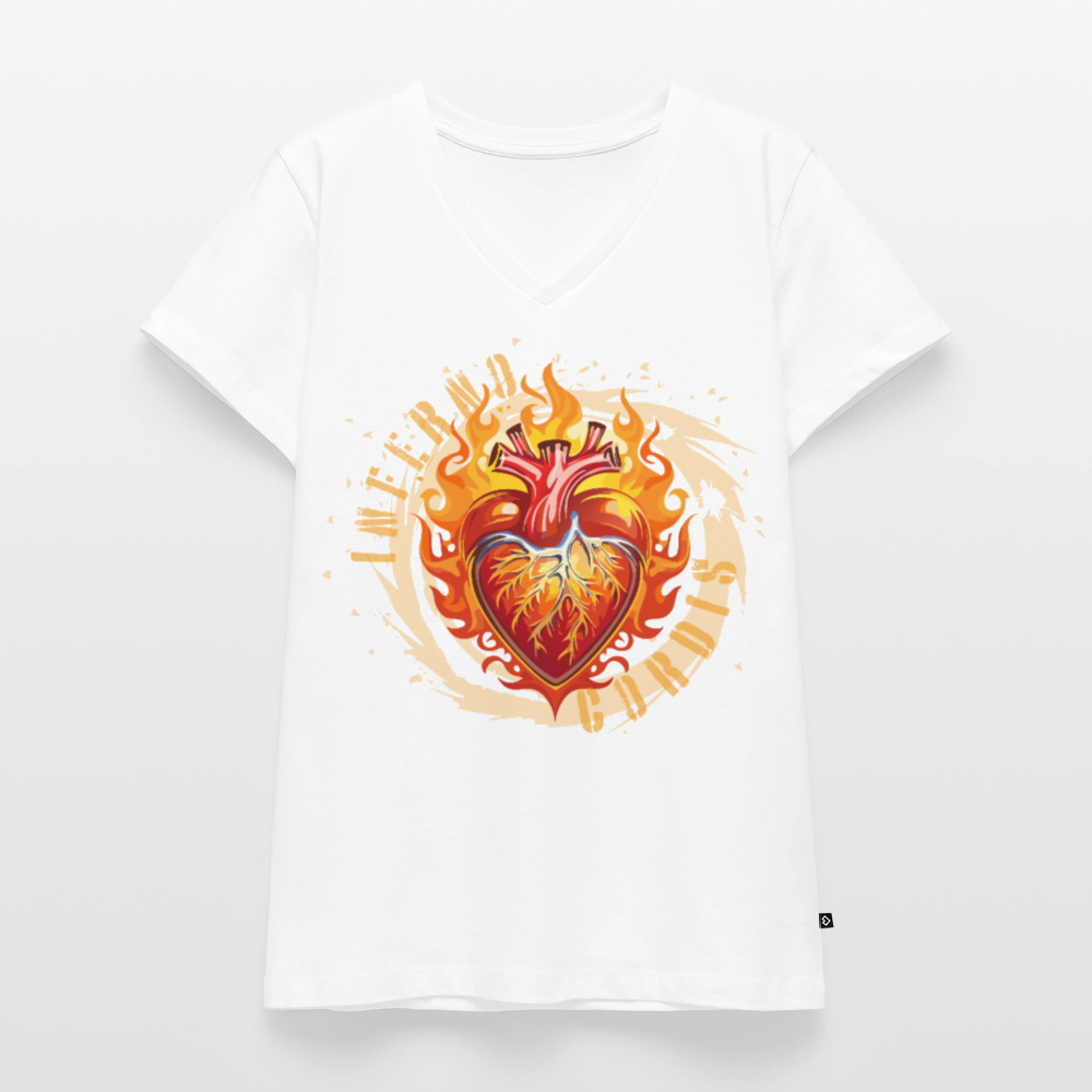 Frauen Bio-T-Shirt mit V-Ausschnitt mit FEUERHERZ PRINT - Weiß