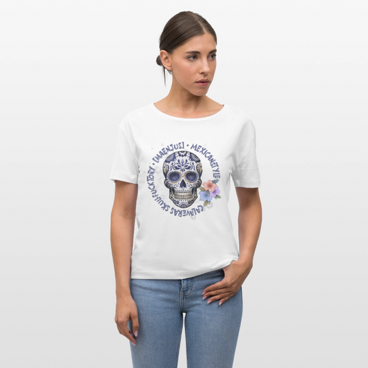 Rundhals Frauen Bio-T-Shirt mit MAENJUS MEXICANSTYLE PRINT Vorderseite - Weiß