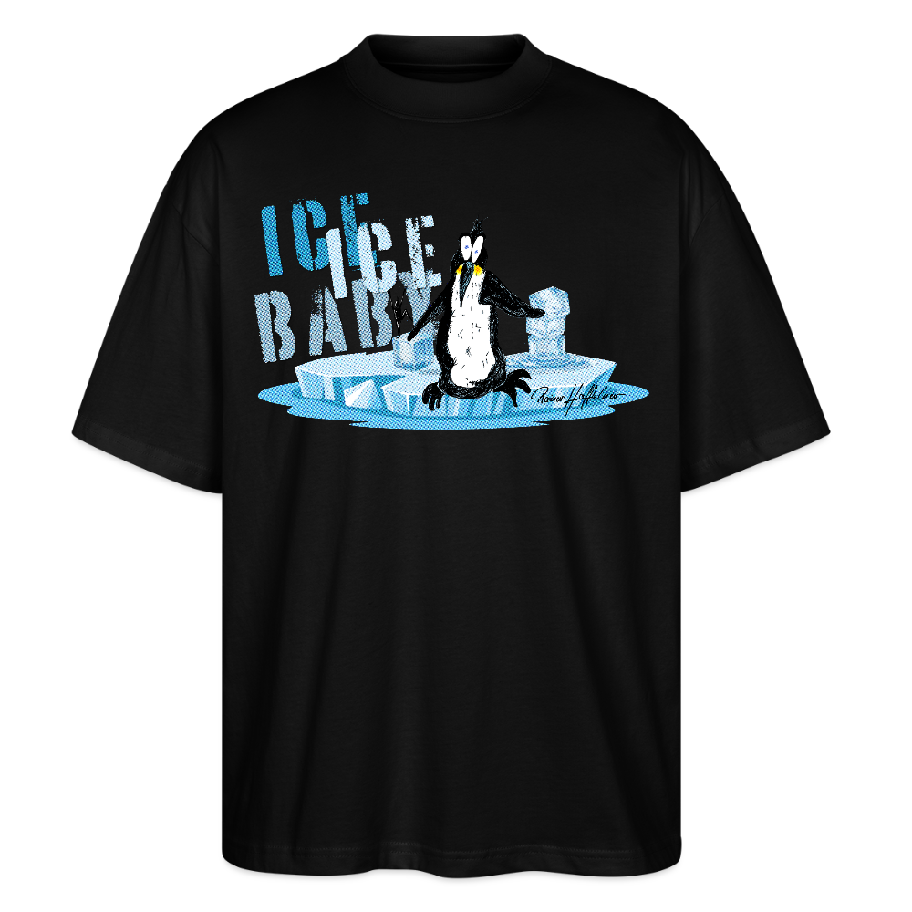 Oversized Unisex Bio T-Shirt mit ICE ICE BABY PINGUIN PRINT - Schwarz