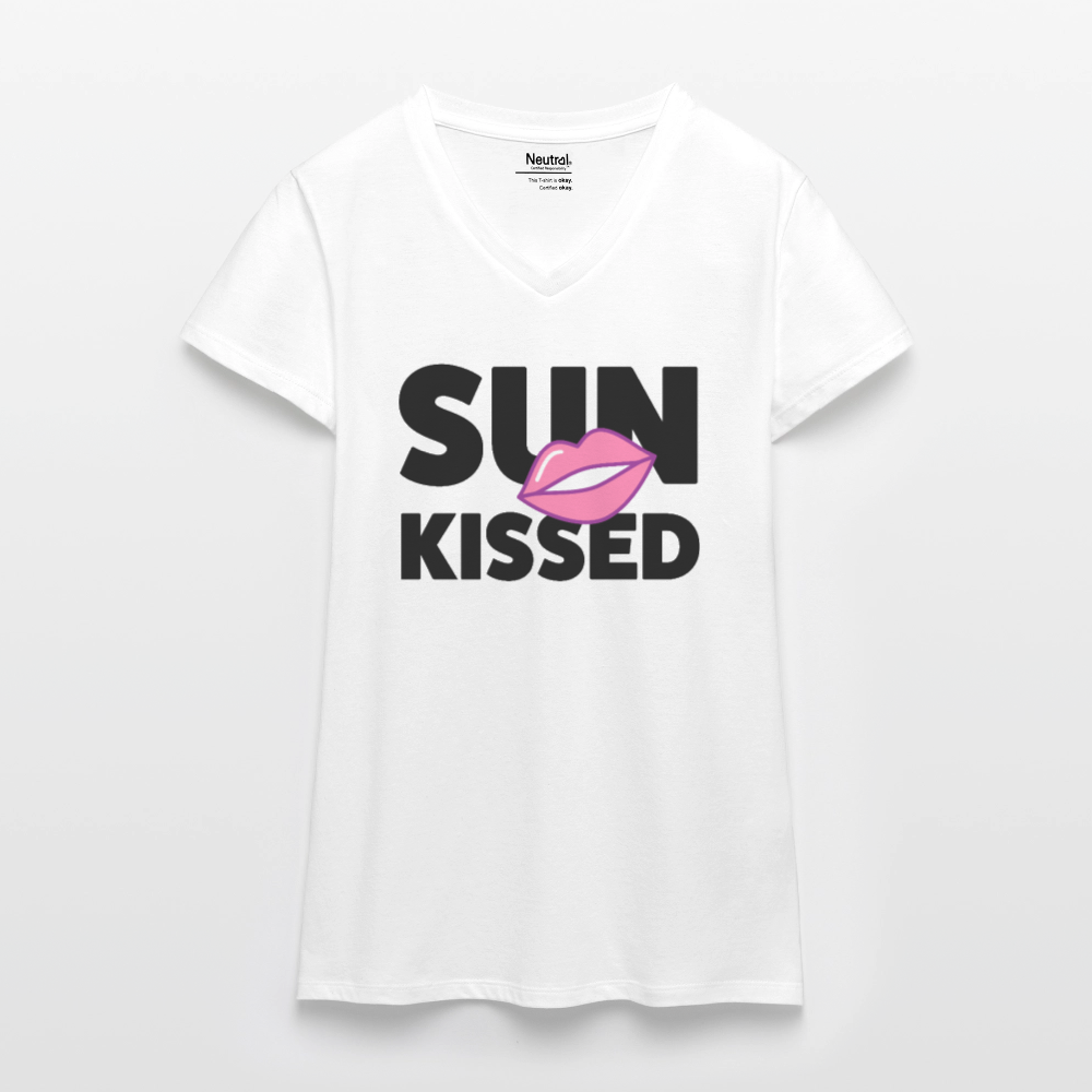 Bio Frauen T-Shirt mit V-Ausschnitt mit SUN KISSED PRINT - Weiß