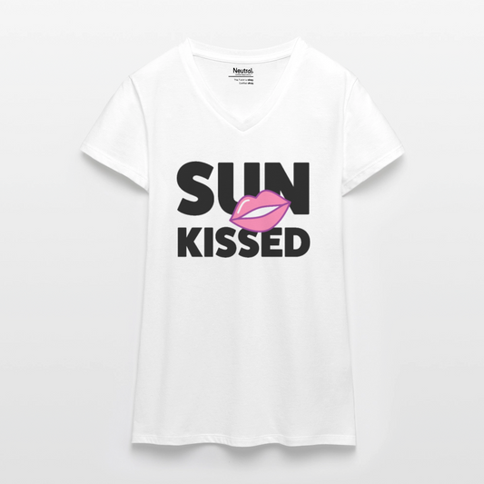 Bio Frauen T-Shirt mit V-Ausschnitt mit SUN KISSED PRINT - Weiß