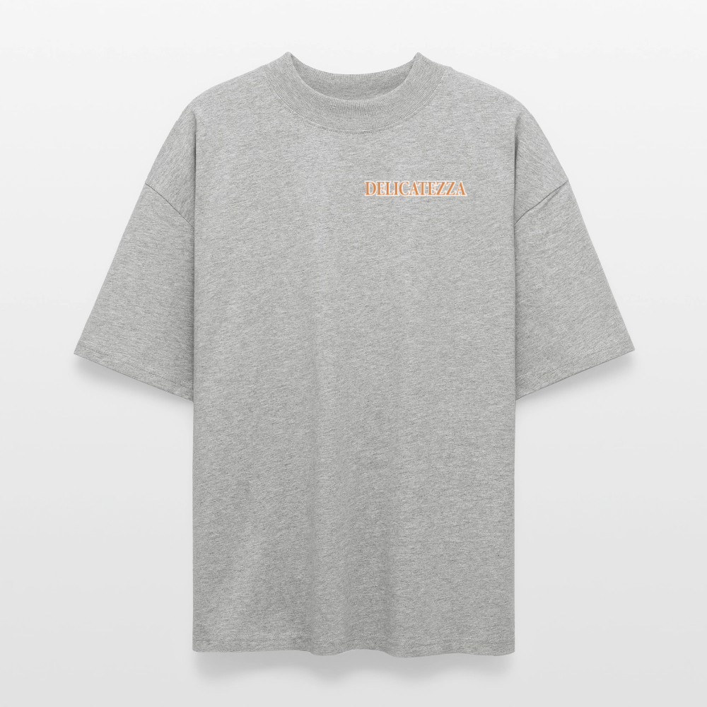 Oversized Unisex T-Shirt mit DELICATEZZA SARDINE PRINT Vorder- und Rückseite - Grau meliert
