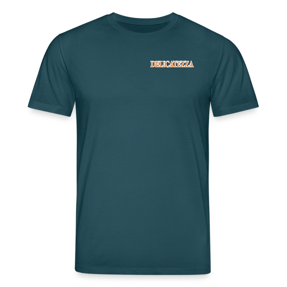 Unisex Bio-T-Shirt mit DELICATEZZA SARDINE PRINT Vorder- und Rückseite - Dunkles Petrol