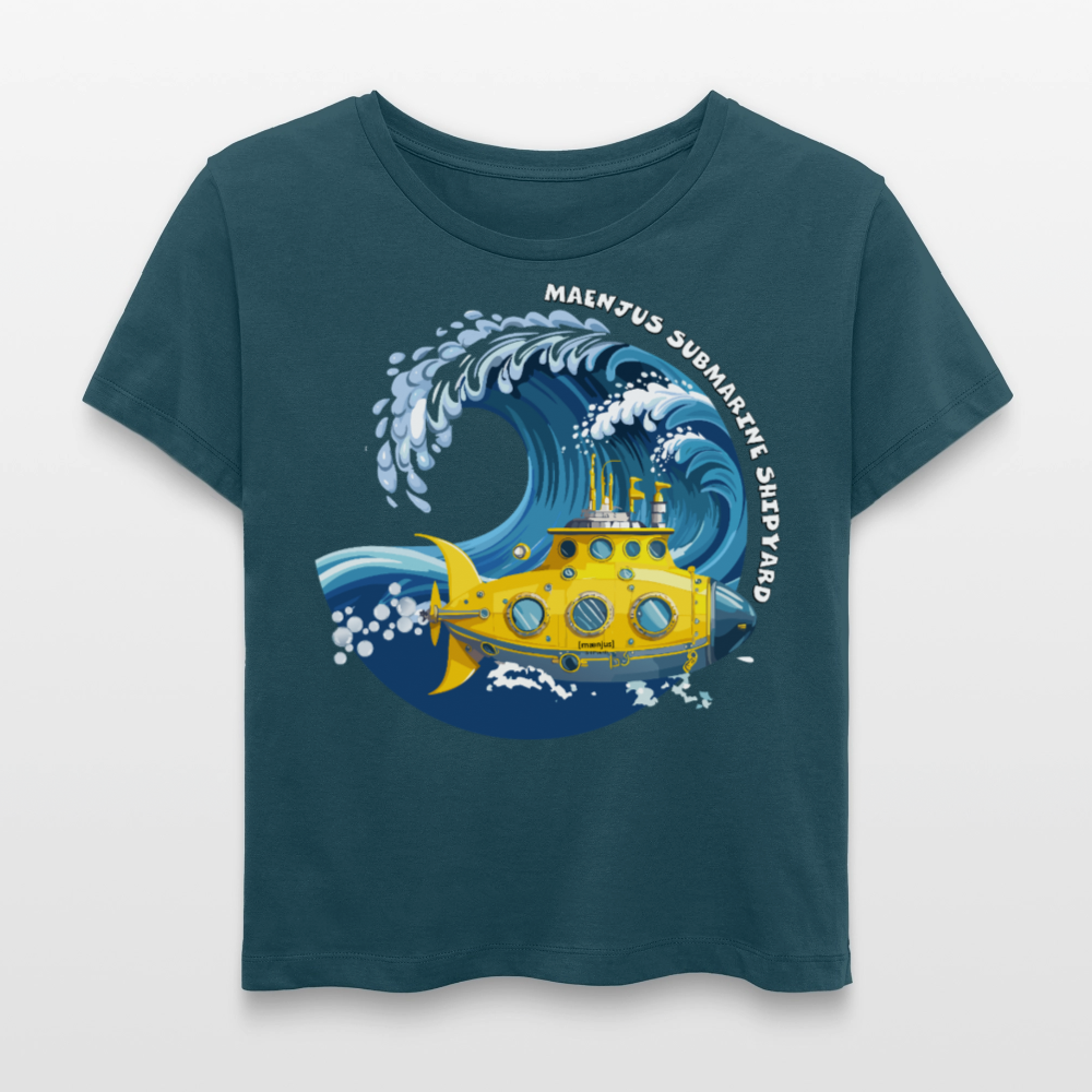 Relaxed Rundhals Frauen Bio-T-Shirt mit MAENJUS SUBMARINE SHIPYARD PRINT - Dunkles Petrol