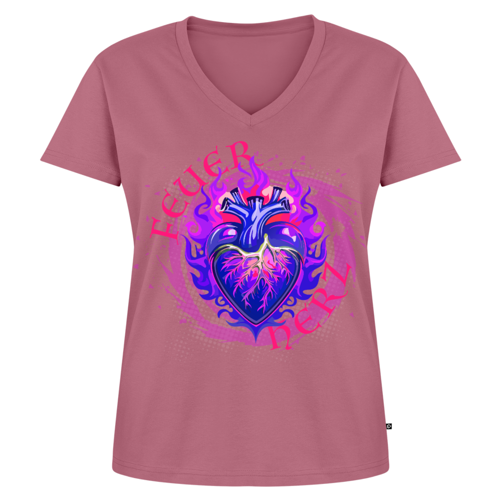Frauen Bio-T-Shirt mit V-Ausschnitt mit FEUERHERZ LILA PRINT - Mauve