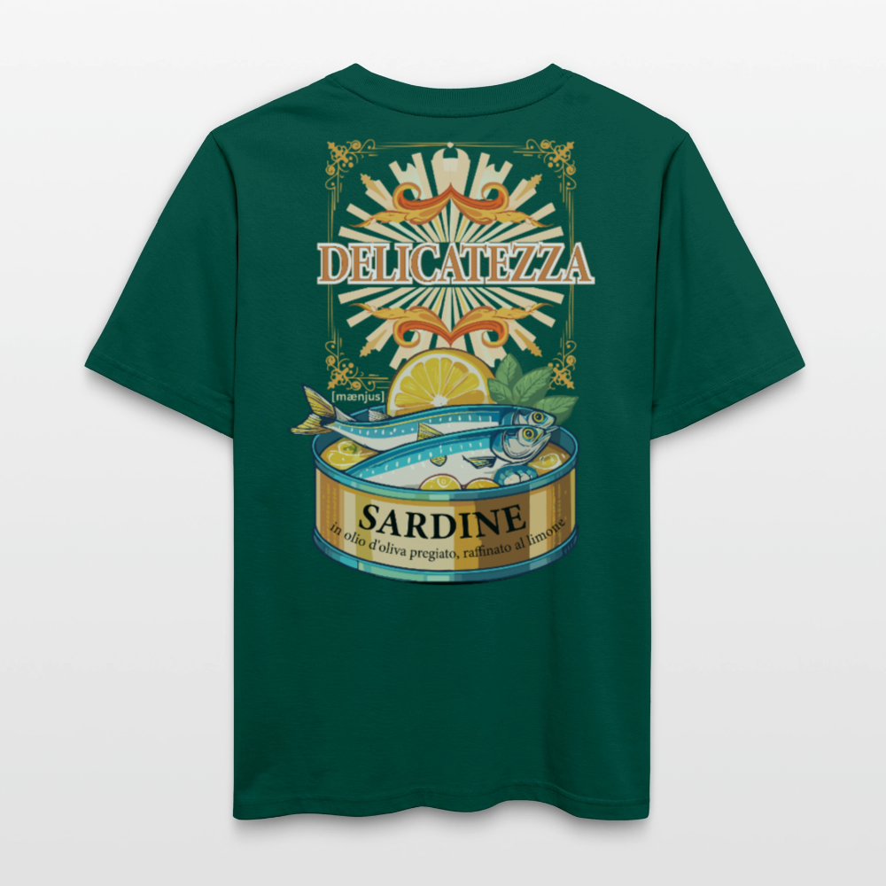 Relaxed Fit Unisex Bio-T-Shirt mit DELICATEZZA SARDINE PRINT Vorder- und Rückseite - Forest