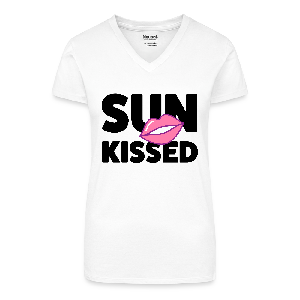 Bio Frauen T-Shirt mit V-Ausschnitt mit SUN KISSED PRINT - Weiß