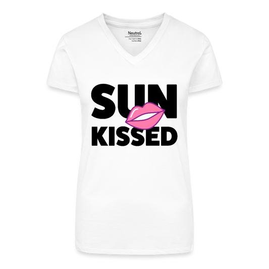 Bio Frauen T-Shirt mit V-Ausschnitt mit SUN KISSED PRINT - Weiß