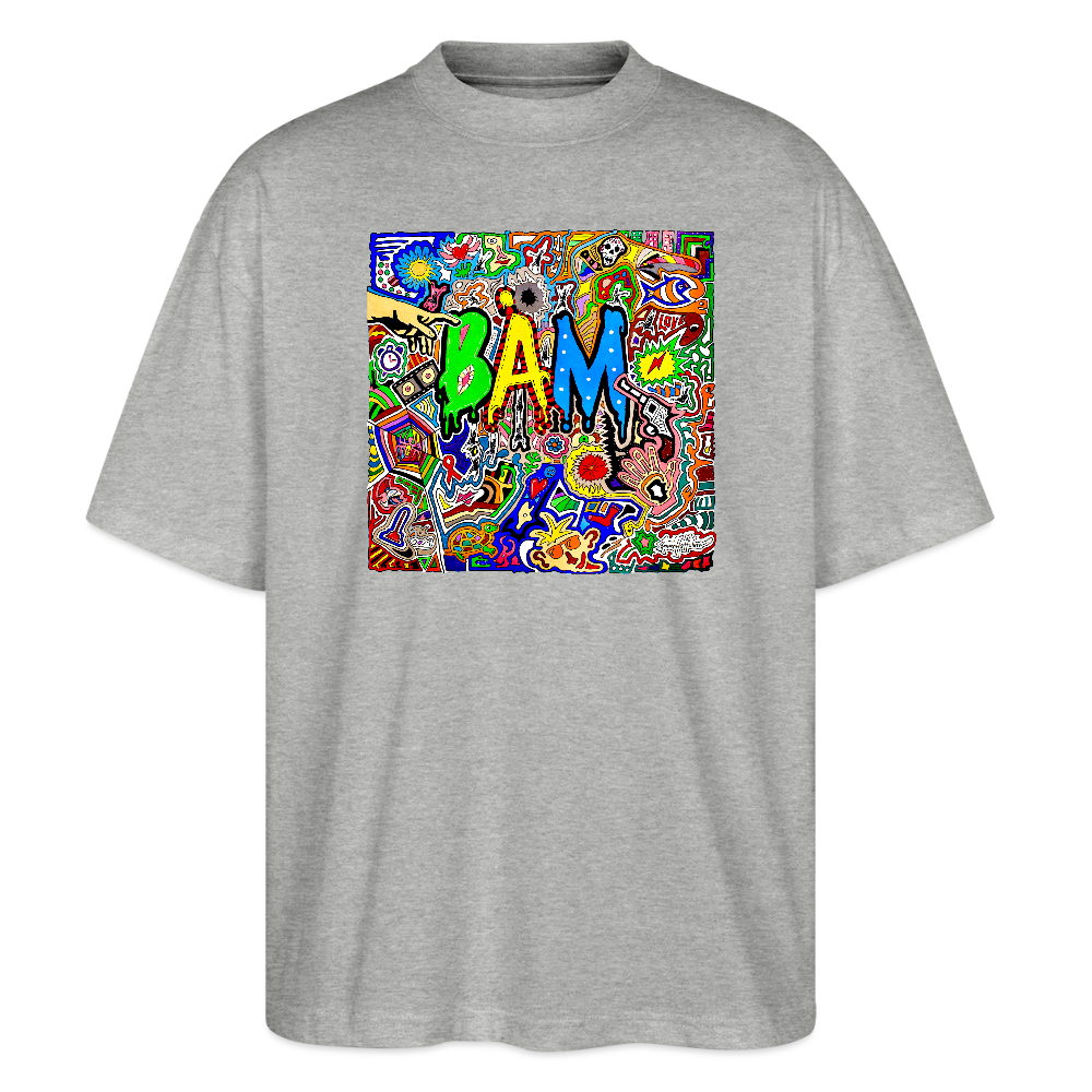 Oversized Unisex Bio T-Shirt mit BÄM PRINT Vorderseite - Grau meliert