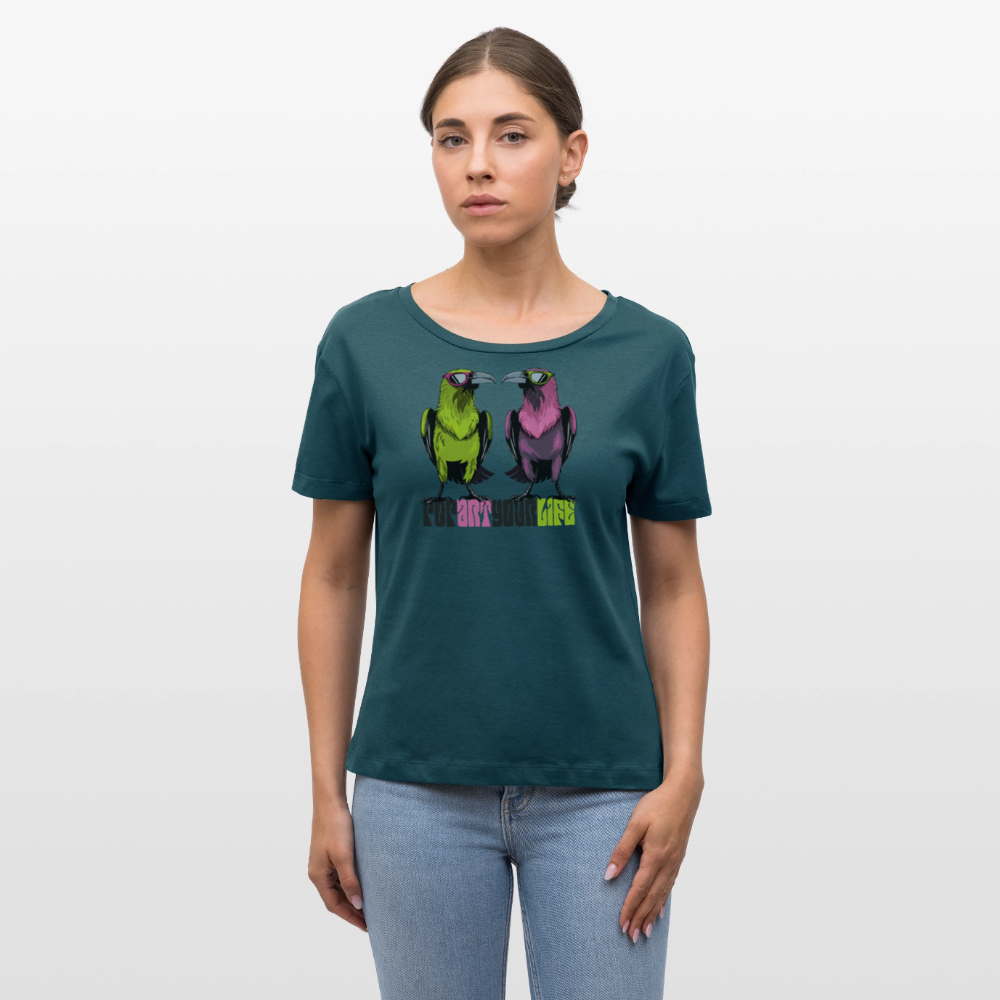 Frauen T-Shirt mit POPART YOUR LIFE PRINT - Dunkles Petrol