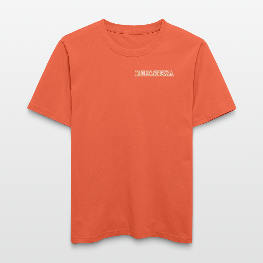 Relaxed Fit Unisex Bio-T-Shirt mit DELICATEZZA SARDINE PRINT Vorder- und Rückseite - Hellrot