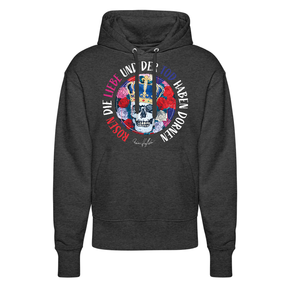 Unisex Relaxed Fit Bio-Hoodie mit ROSEN DIE LIEBE UND DER TOD HABEN DORNEN PRINT - Dunkelgrau meliert