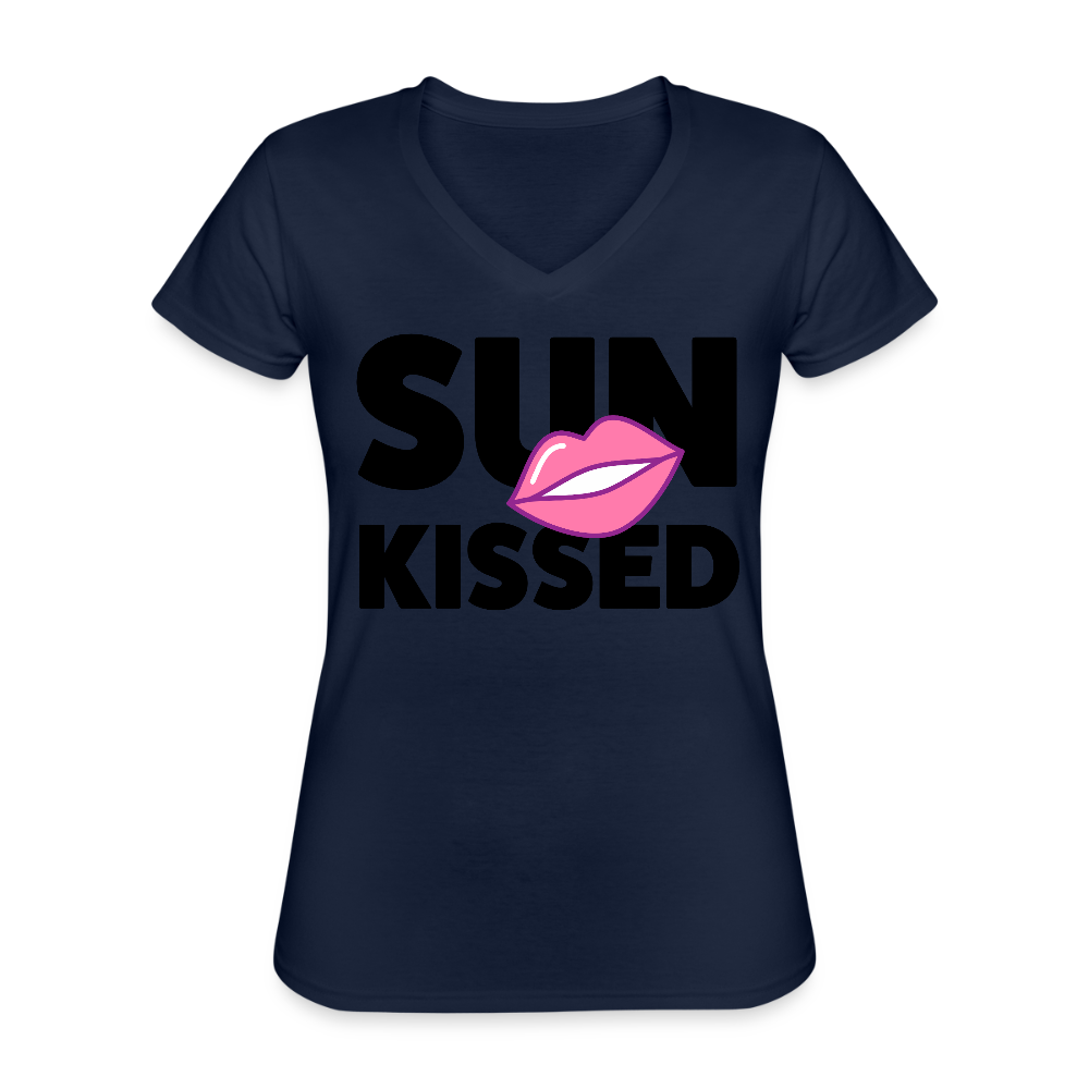 Klassisches Frauen-T-Shirt mit V-Ausschnitt mit SUN KISSED PRINT - Navy