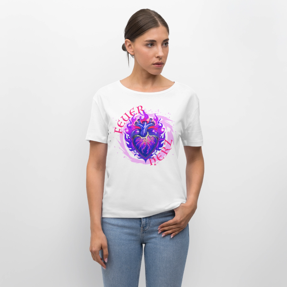 Frauen T-Shirt mit FEUERHERZ LILA PRINT - Weiß