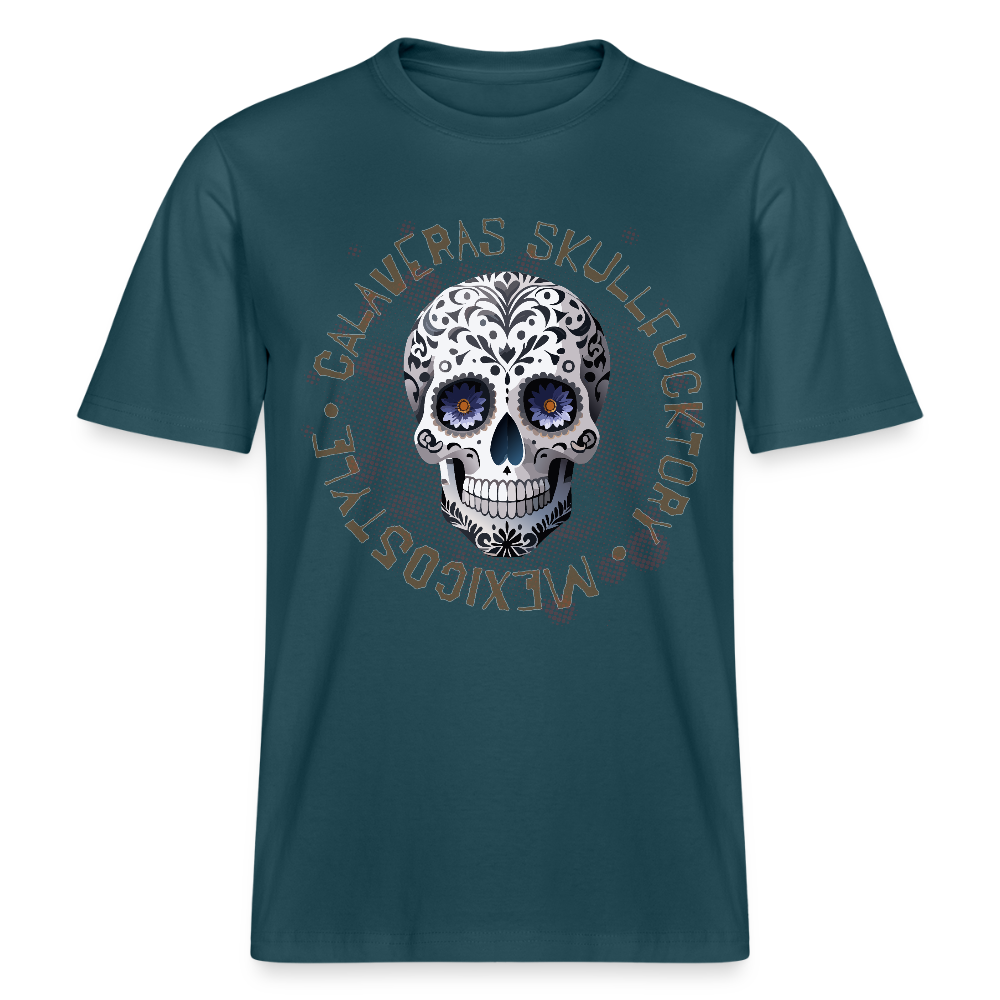 Relaxed Fit Unisex Bio-T-Shirt mit CALAVERAS SKULL PRINT Vorderseite - Dunkles Petrol