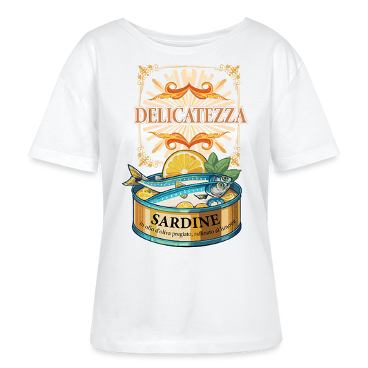 Rundhals Frauen Bio-T-Shirt mit DELICATEZZA SARDINE PRINT Vorderseite - Weiß