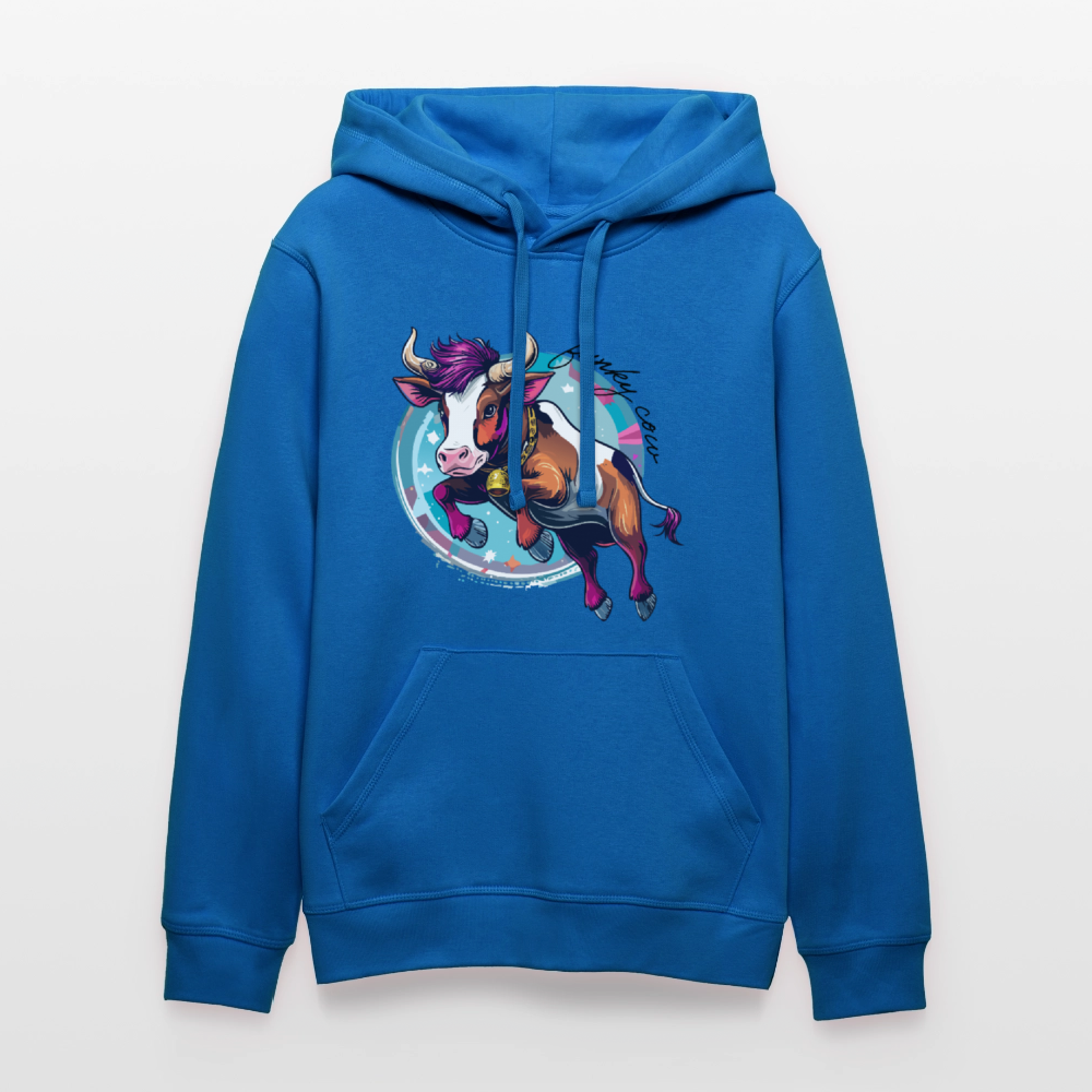 Unisex Bio-Hoodie mit FUNKY COW PRINT Vorderseite - Königsblau
