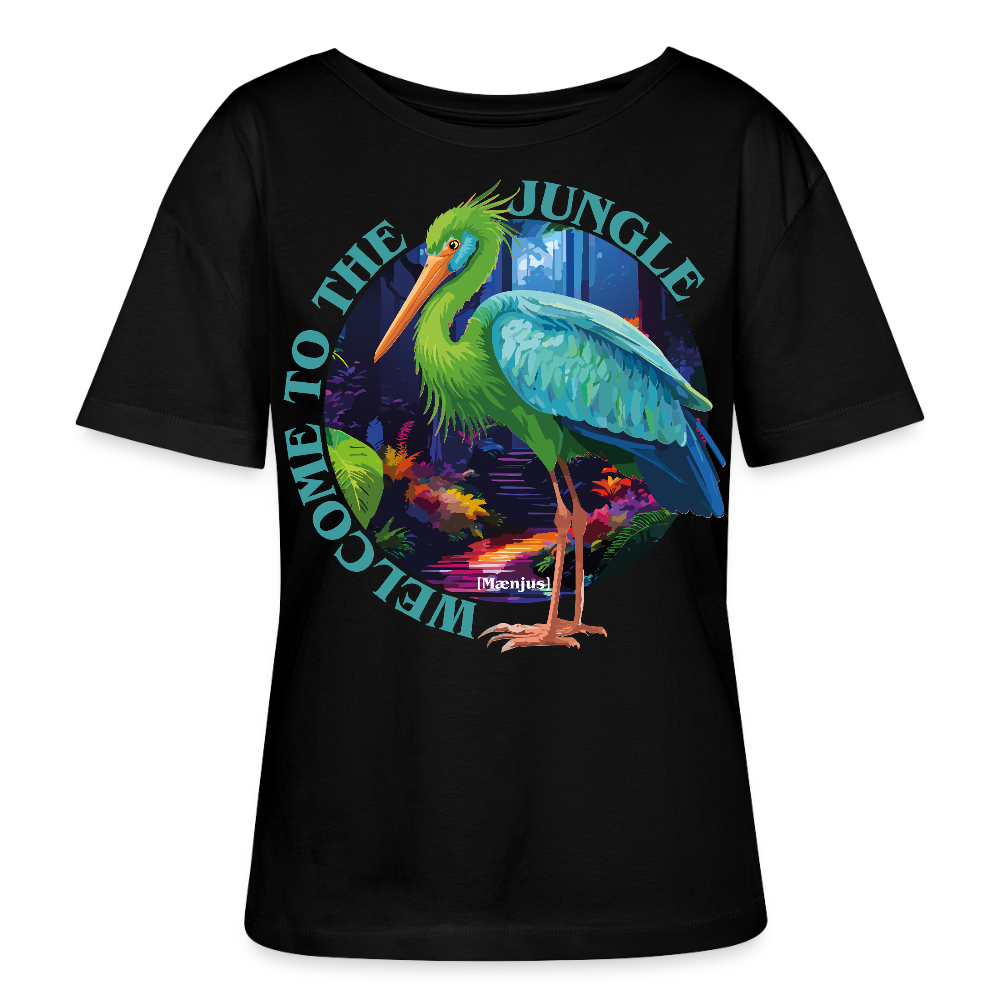 Frauen T-Shirt mit WELCOME TO THE JUNGLE PRINT Vorderseite - Schwarz