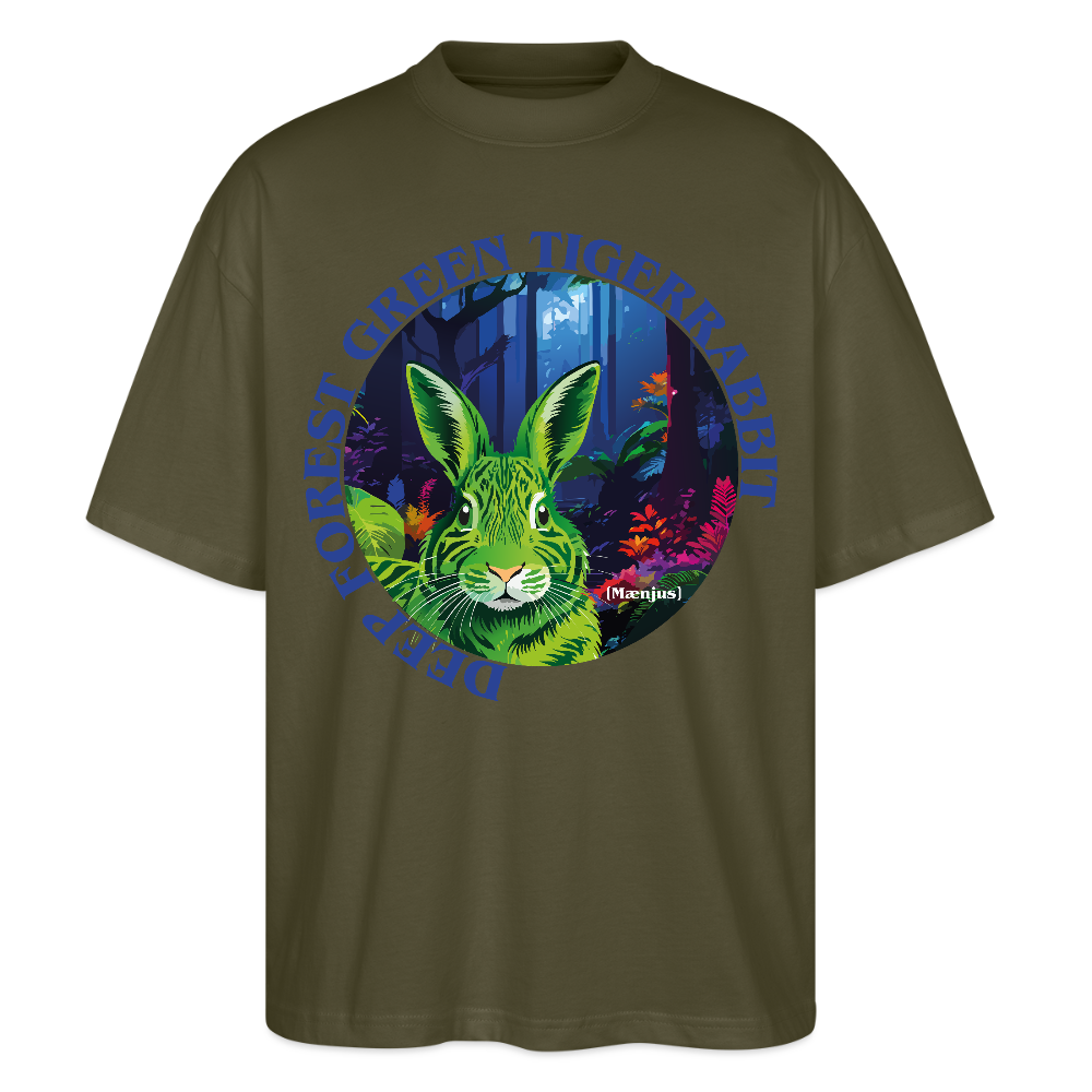 Oversized Unisex T-Shirt mit DEEP FOREST GREEN TIGERRABBIT PRINT Vorderseite - Khaki