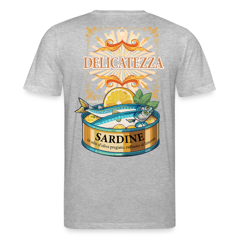 Unisex Bio-T-Shirt mit DELICATEZZA SARDINE PRINT Vorder- und Rückseite - Grau meliert