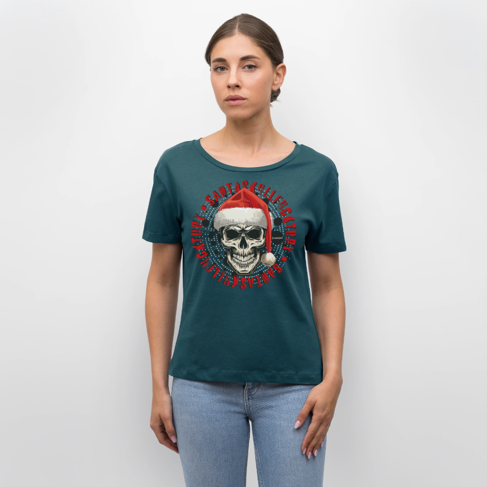 Rundhals Frauen Bio-T-Shirt mit SANTASKULL FUCKTORY PRINT - Dunkles Petrol