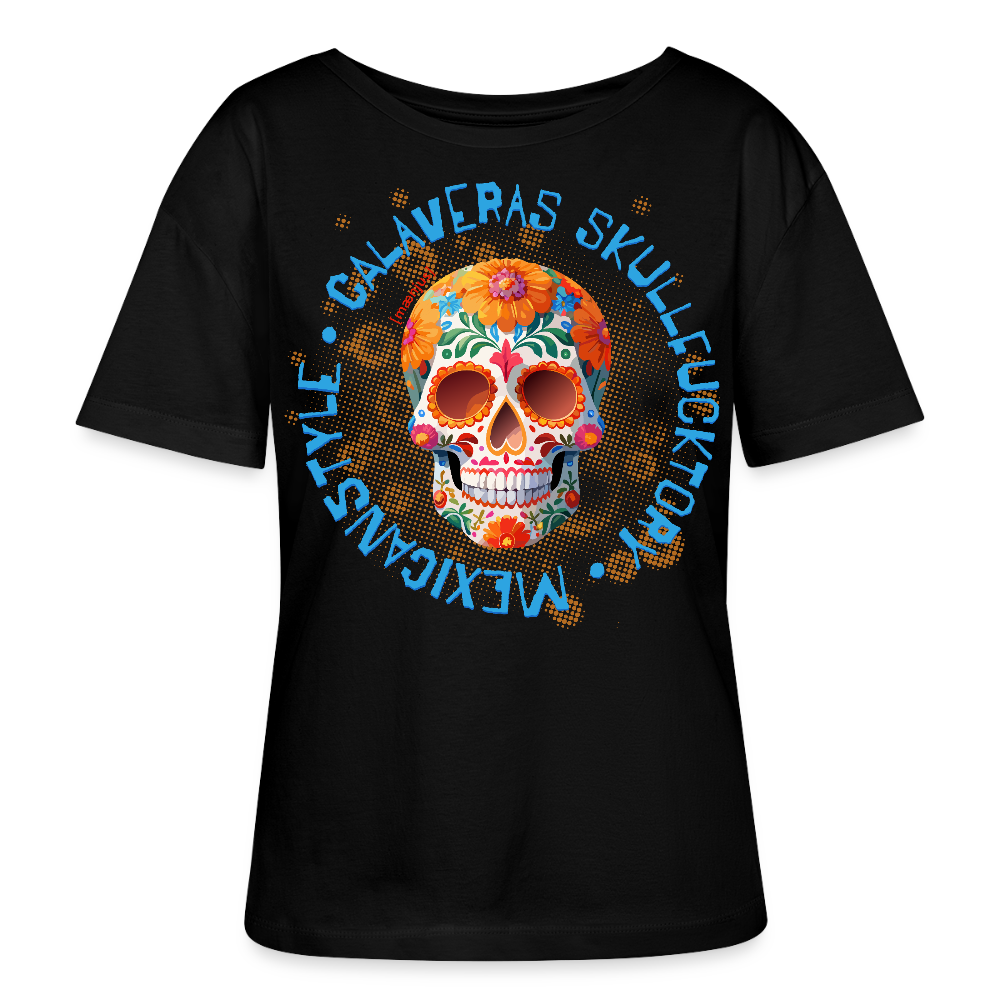 Relaxed Rundhals Frauen Bio-T-Shirt mit CALAVERAS SKULL PRINT - Schwarz