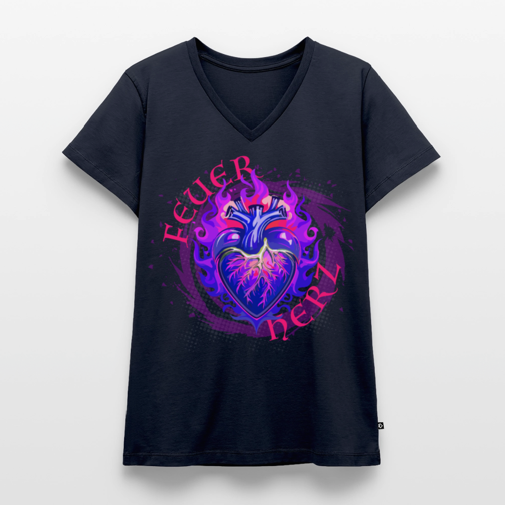 Frauen Bio-T-Shirt mit V-Ausschnitt mit FEUERHERZ LILA PRINT - Navy