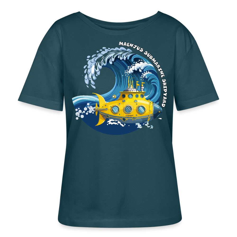 Relaxed Rundhals Frauen Bio-T-Shirt mit MAENJUS SUBMARINE SHIPYARD PRINT - Dunkles Petrol