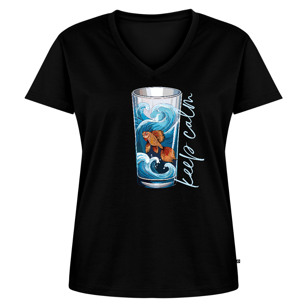 Frauen Bio-T-Shirt mit V-Ausschnitt mit KEEP CALM PRINT - Schwarz