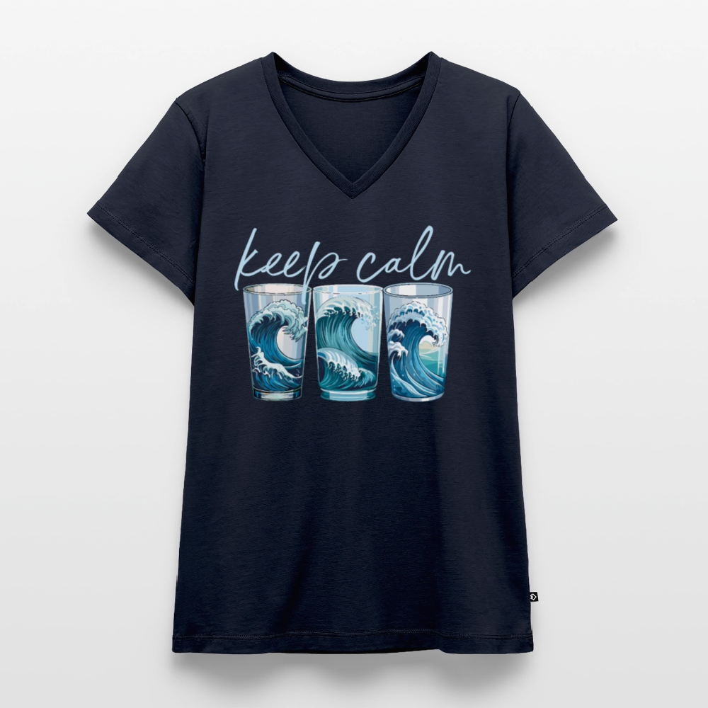 Frauen Bio-T-Shirt mit V-Ausschnitt mit KEEP CALM PRINT - Navy