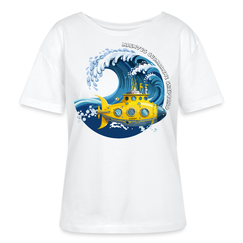 Relaxed Rundhals Frauen Bio-T-Shirt mit MAENJUS SUBMARINE SHIPYARD PRINT - Weiß
