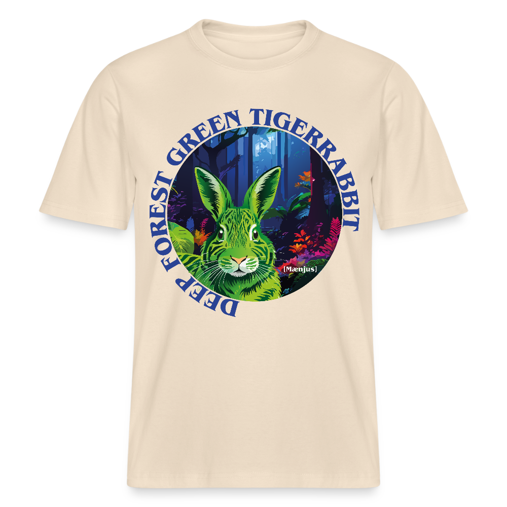 Relaxed Fit Unisex Bio-T-Shirt mit DEEP FOREST GREEN TIGERRABBIT PRINT Vorderseite - Weißgrau