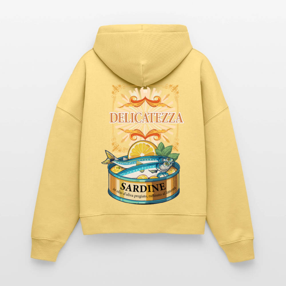 Boxy Frauen Bio Hoodie mit DELIKATEZZA SARDINE PRINT Vorder- und RÜCKSEITE - Hellgelb