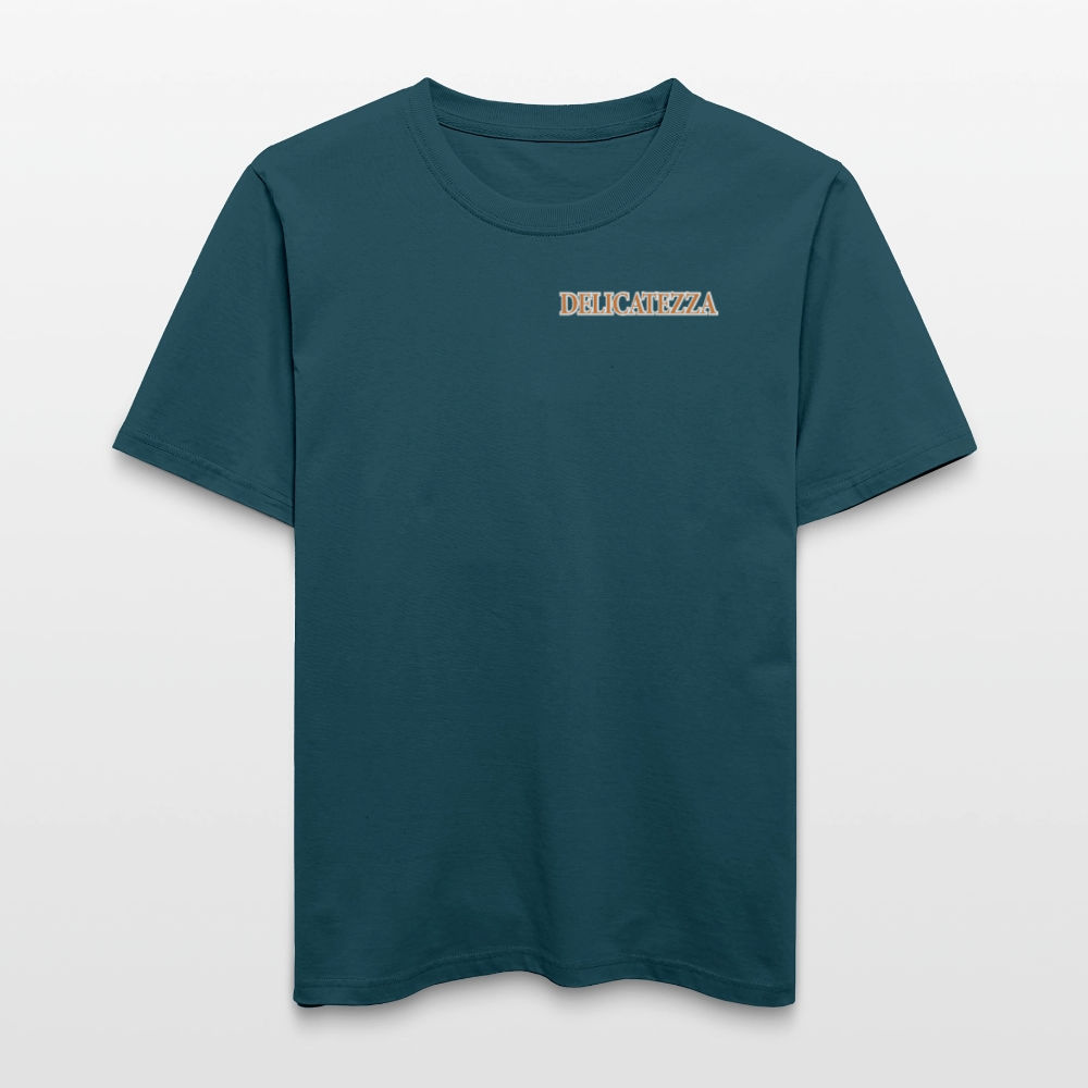 Relaxed Fit Unisex Bio-T-Shirt mit DELICATEZZA SARDINE PRINT Vorder- und Rückseite - Dunkles Petrol
