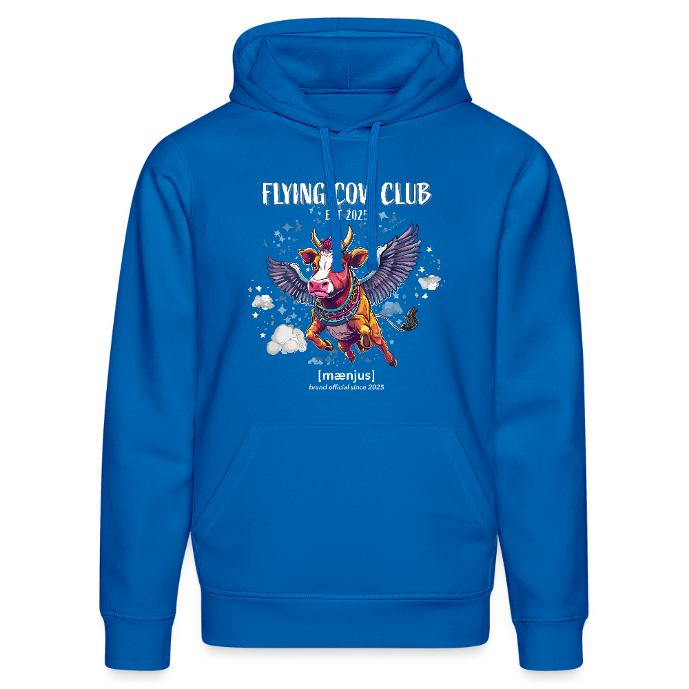 Unisex Bio-Hoodie mit FLYING COW CLUB PRINT Vorderseite - Königsblau