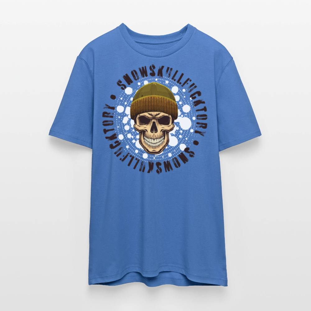 Unisex Bio-T-Shirt mit SNOWSKULL FUCKTORY PRINT Vorderseite - Achtsames Blau