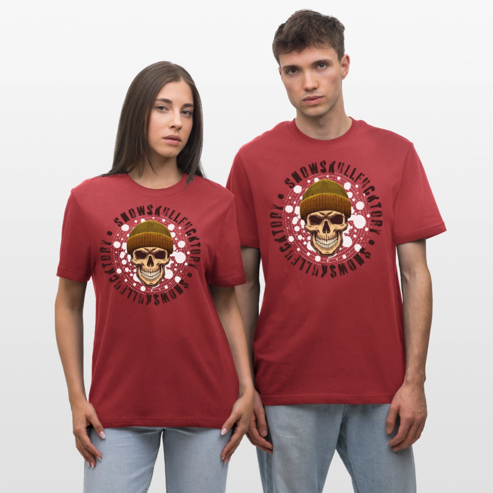 Relaxed Fit Unisex Bio-T-Shirt mit SNOWSKULL FUCKTORY PRINT Vorderseite - Erdrot