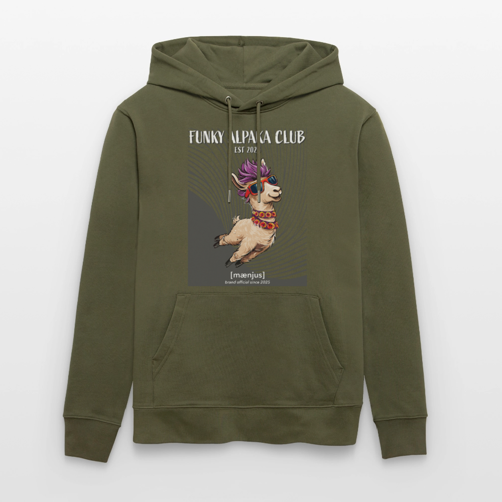 Unisex Bio-Hoodie mit FUNKY ALPAKA CLUB PRINT Vorderseite - Khaki Grün
