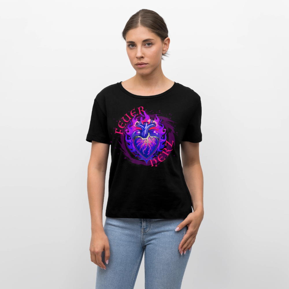 Frauen T-Shirt mit FEUERHERZ LILA PRINT - Schwarz