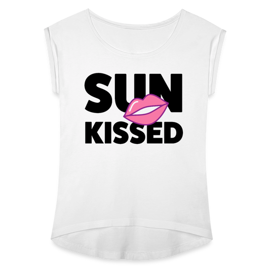 Frauen T-Shirt mit gerollten Ärmeln mit SUN KISSED PRINT - Weiß