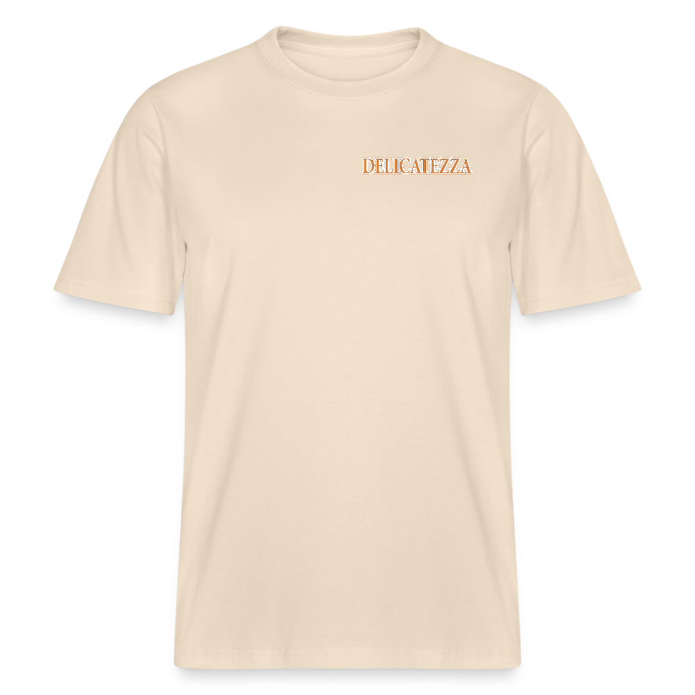 Relaxed Fit Unisex Bio-T-Shirt mit DELICATEZZA SARDINE PRINT Vorder- und Rückseite - Weißgrau