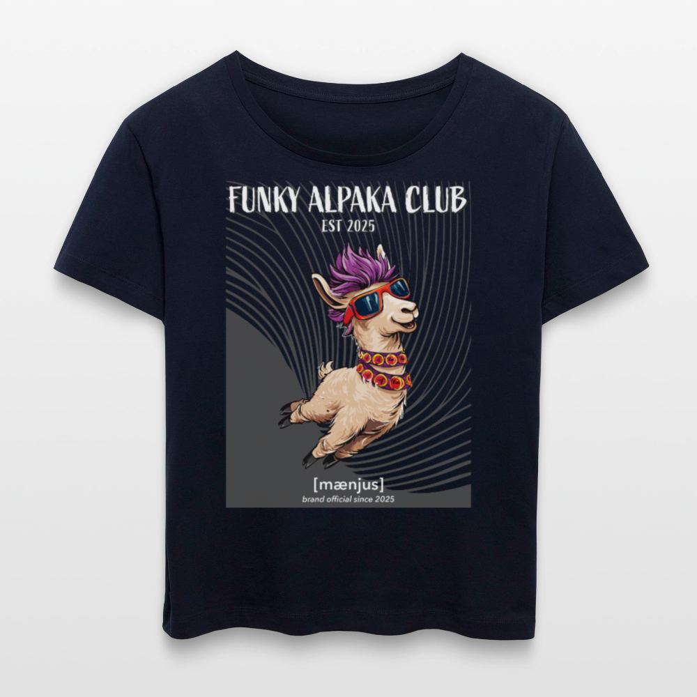 Relaxed Rundhals Frauen Bio-T-Shirt mit FUNKY ALPAKA CLUB PRINT - Navy