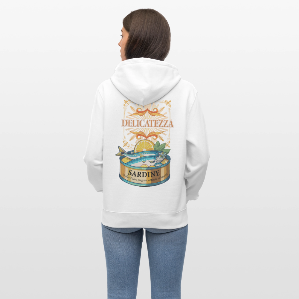 Unisex Hoodie mit DELICATEZZA SARDINE PRINT Vorder- und Rückseite - Weiß