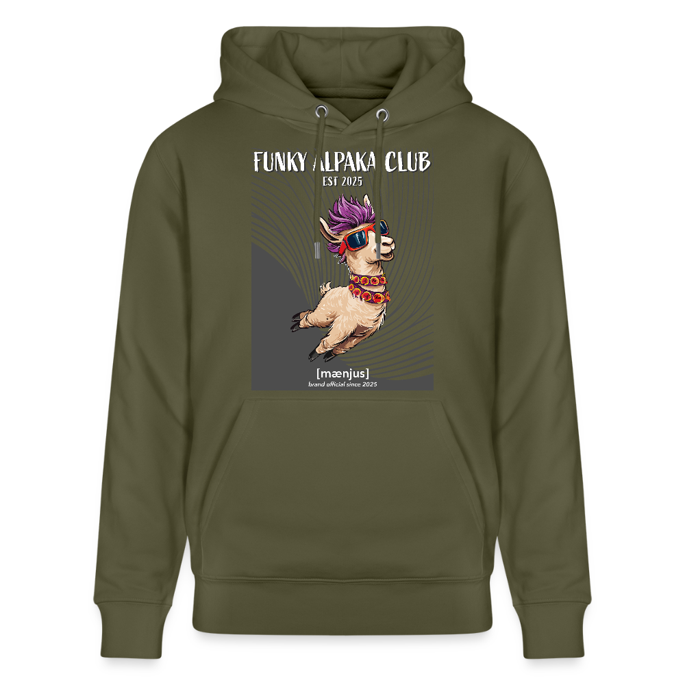 Unisex Bio-Hoodie mit FUNKY ALPAKA CLUB PRINT Vorderseite - Khaki Grün