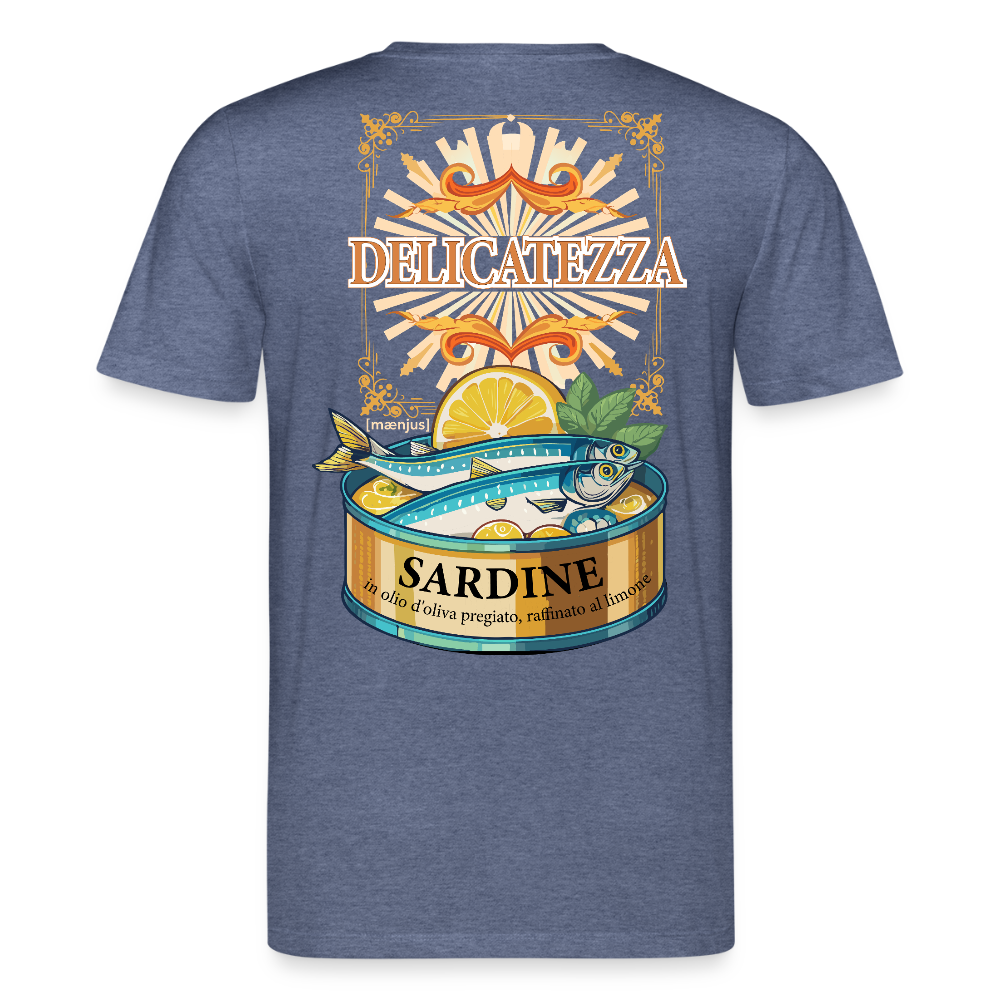 Unisex Bio-T-Shirt mit DELICATEZZA SARDINE PRINT Vorder- und Rückseite - Dunkelblau meliert
