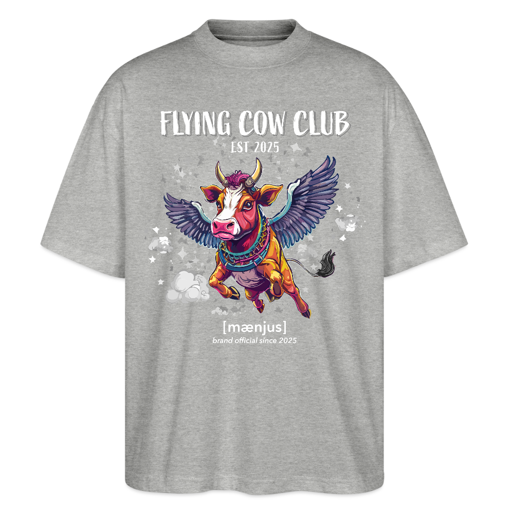 Oversized Unisex Bio T-Shirt mit FLYING COW CLUB PRINT Vorderseite - Grau meliert