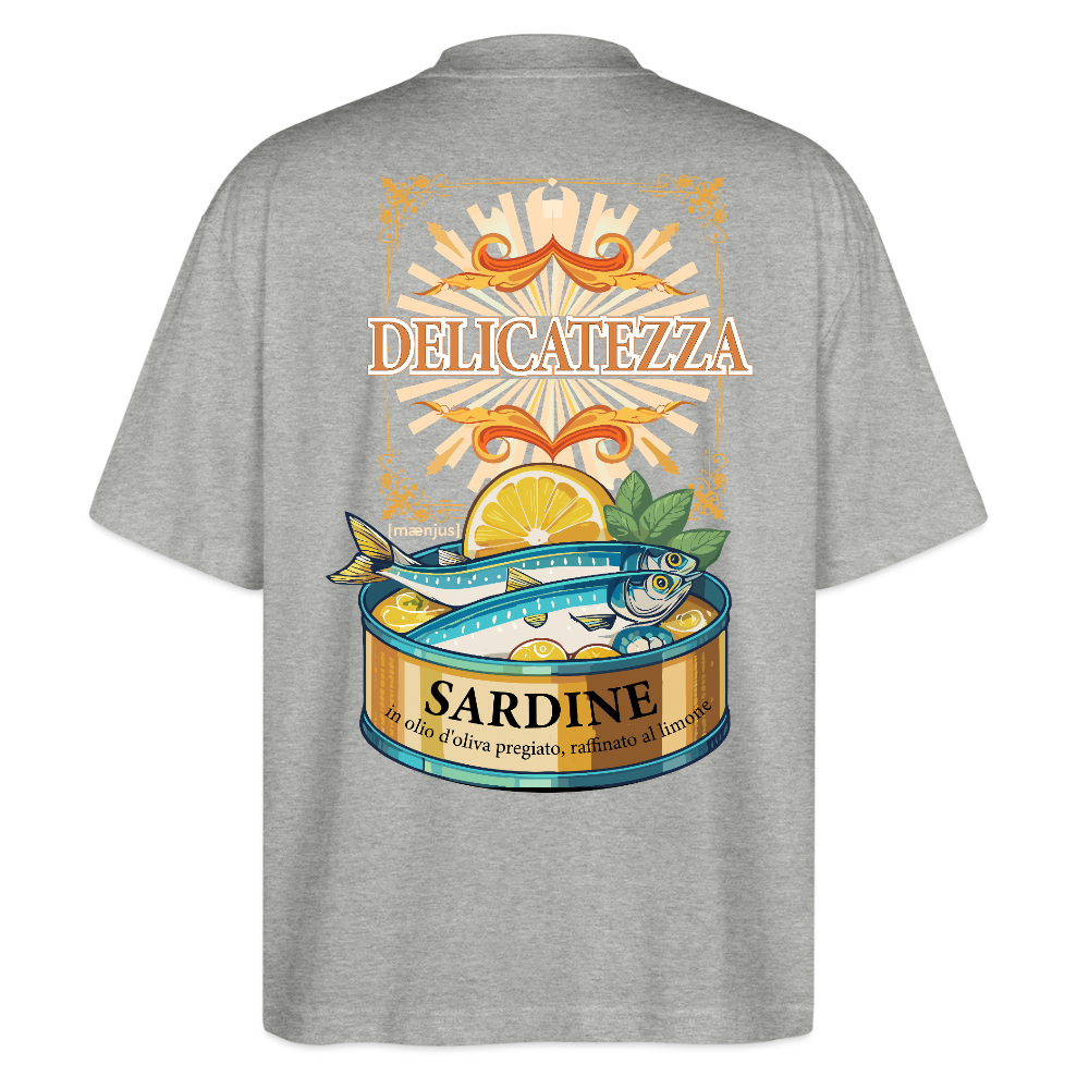 Oversized Unisex T-Shirt mit DELICATEZZA SARDINE PRINT Vorder- und Rückseite - Grau meliert