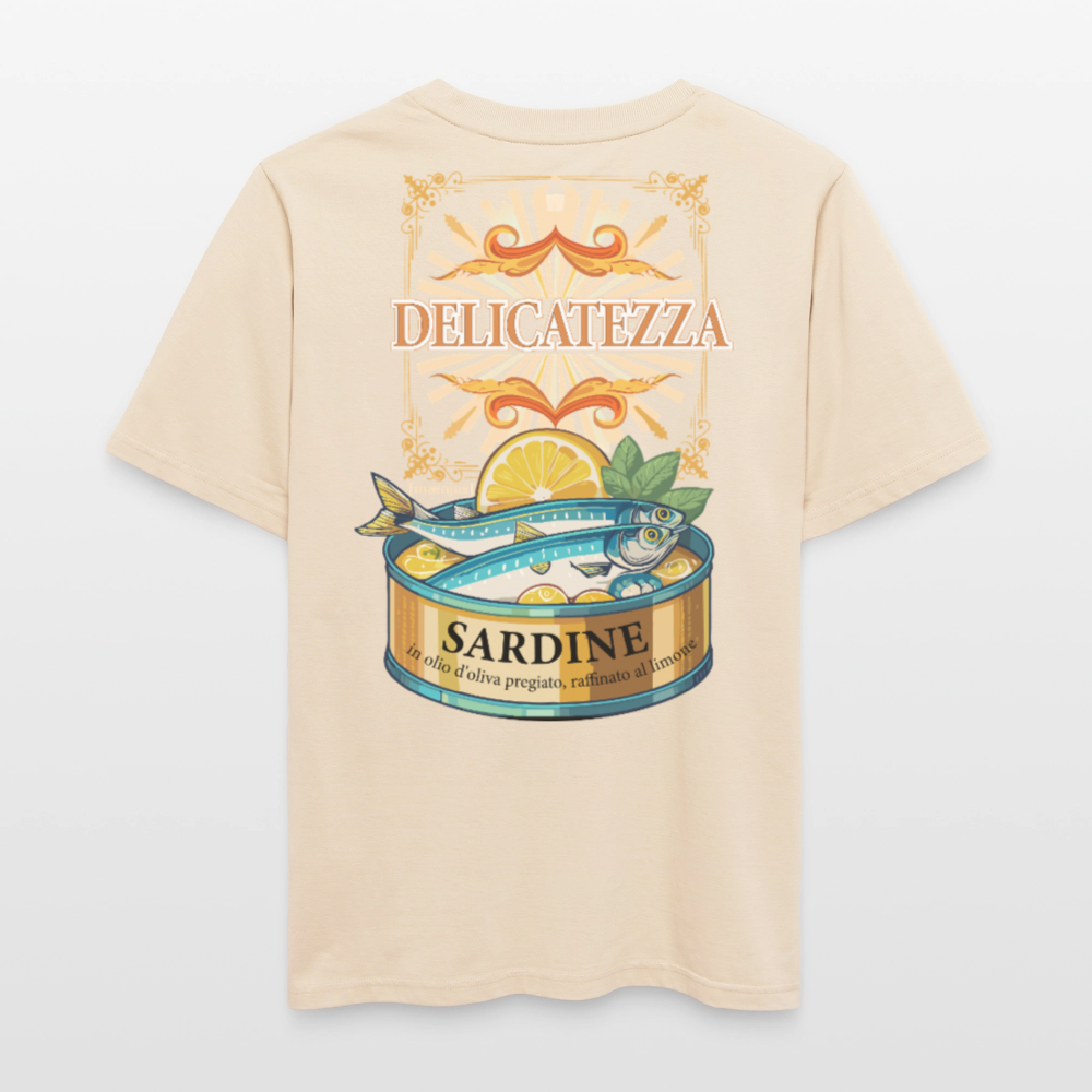 Relaxed Fit Unisex Bio-T-Shirt mit DELICATEZZA SARDINE PRINT Vorder- und Rückseite - Weißgrau
