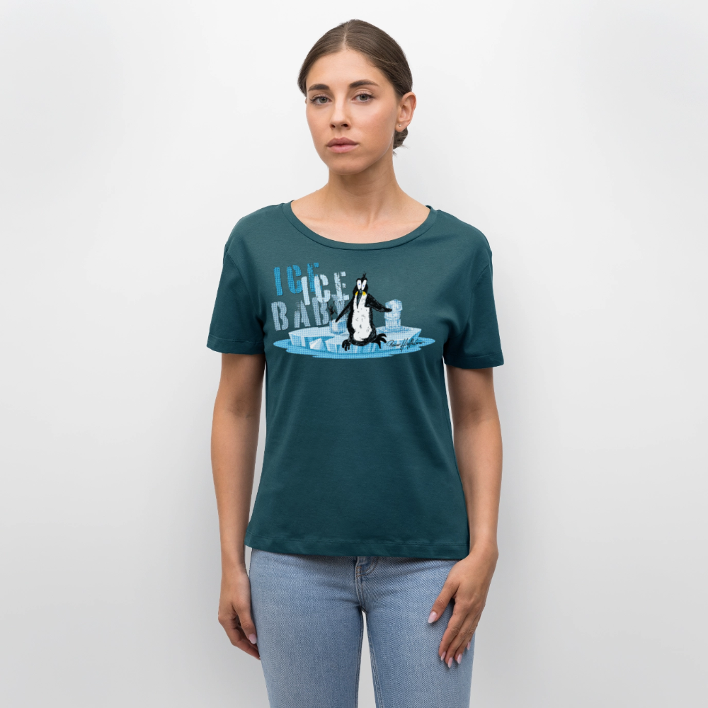 Relaxed Rundhals Frauen Bio-T-Shirt mit ICE ICE BABY PINGUIN PRINT - Dunkles Petrol